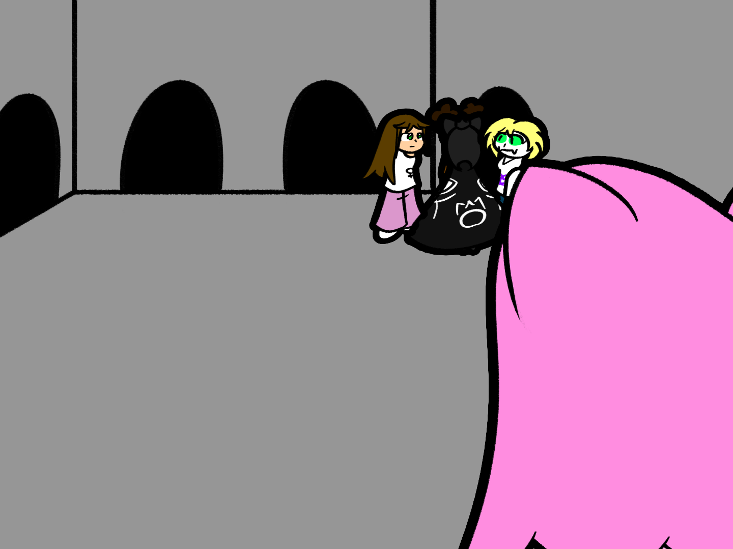 An unknown character with pink hair and cat ears watches as the four converse.