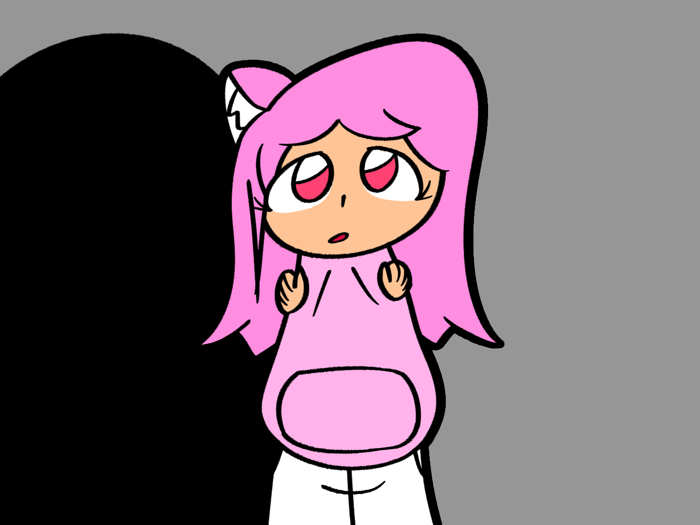 Pink catgirl standing with a slightly worried expression while holding herself.