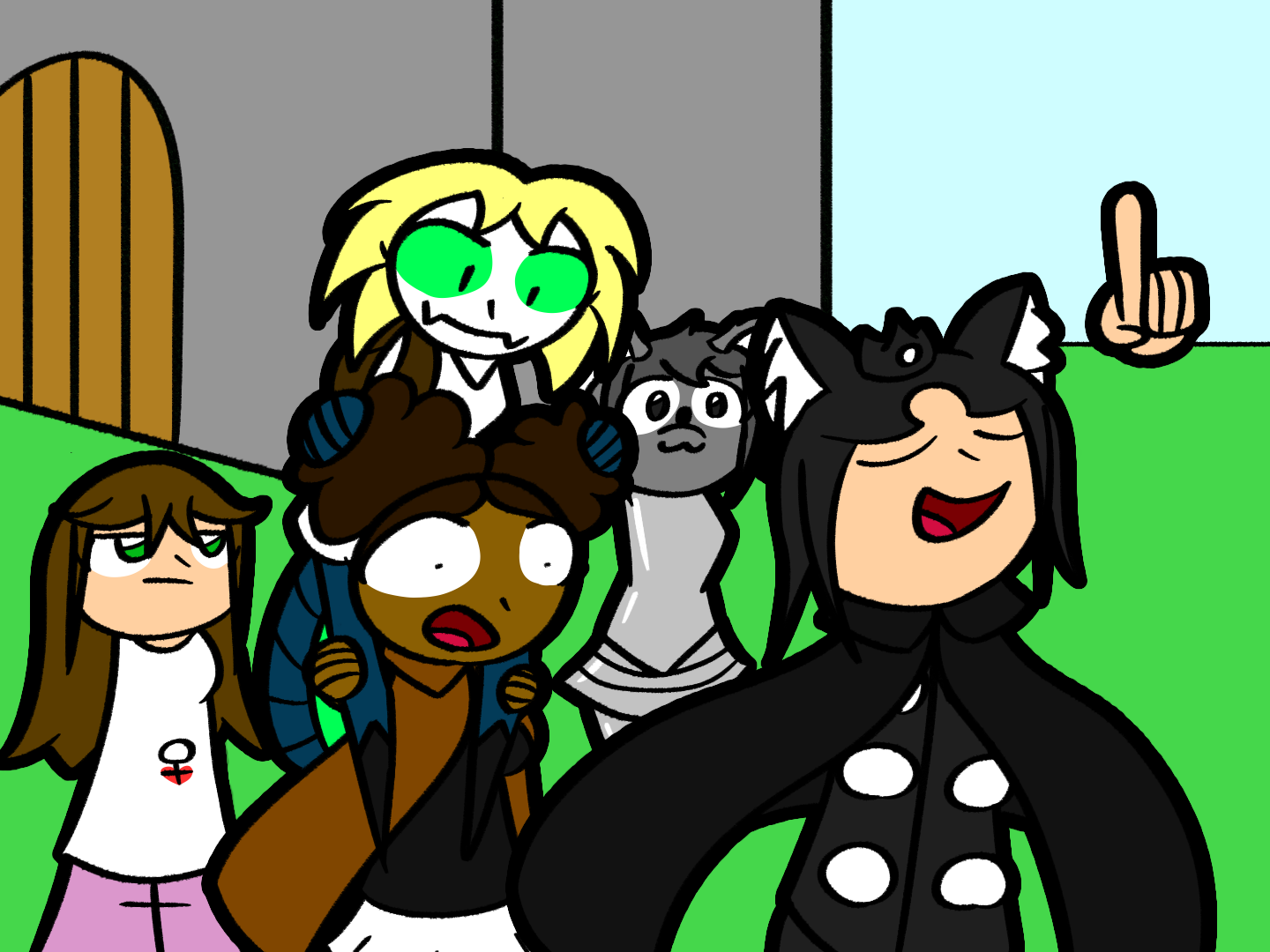 Eclipse leading the three away from the castle. Lavvy watches as Tityus piggiebacks on Scarlett.