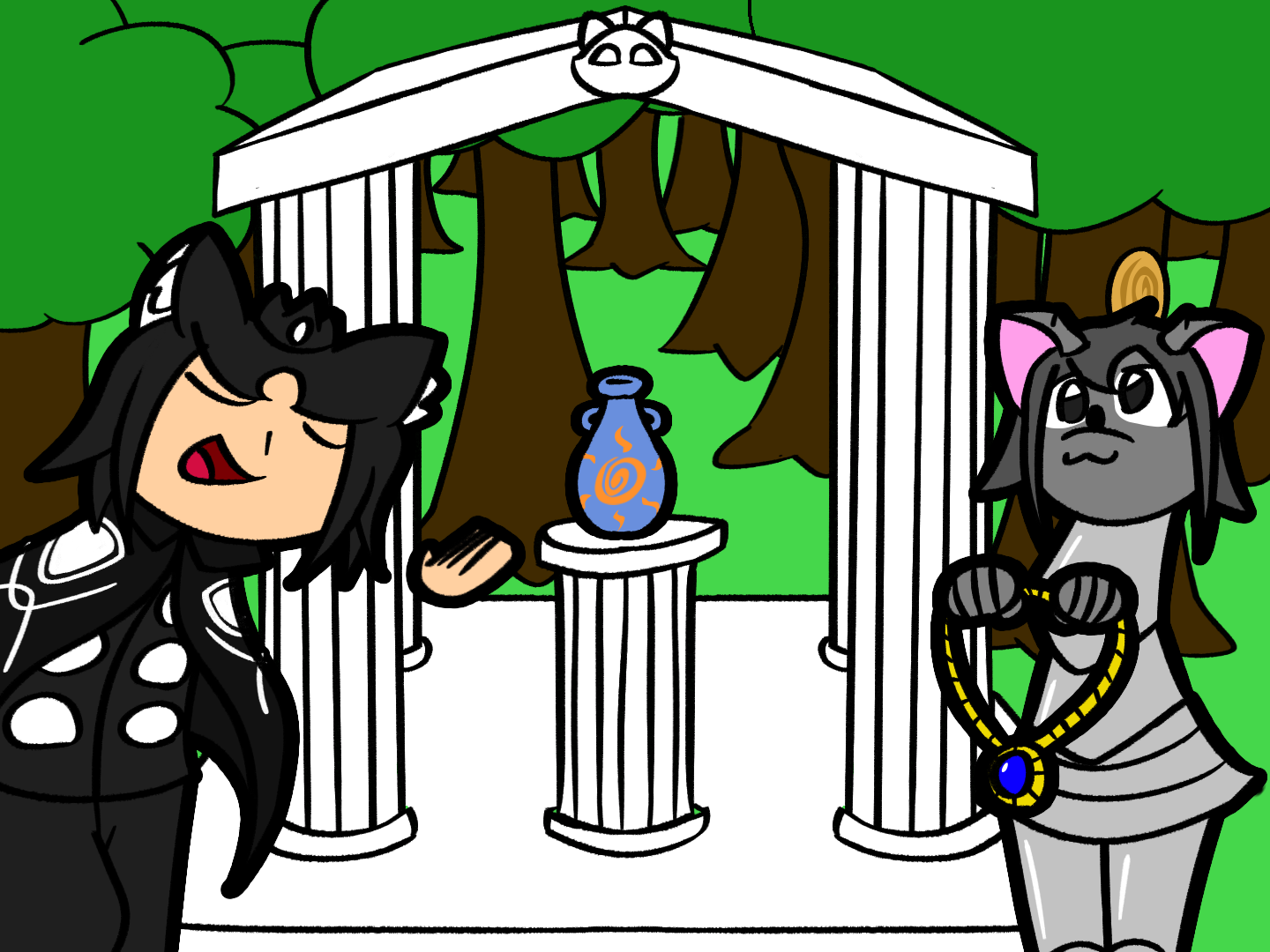 A shrine with Venus' head and the Solar Vase on a podium, in the forest