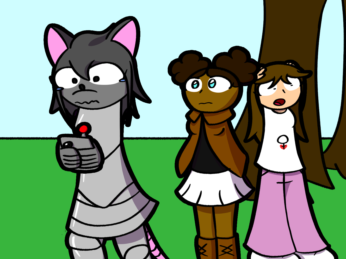 Cyril running off while on her PDA. Scarlett watches while
      Lavvy remains baffled.