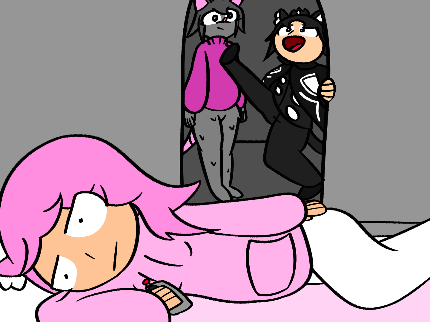 Eclipse barges into Dana's room. Dana, who is laying in bed, is displeased