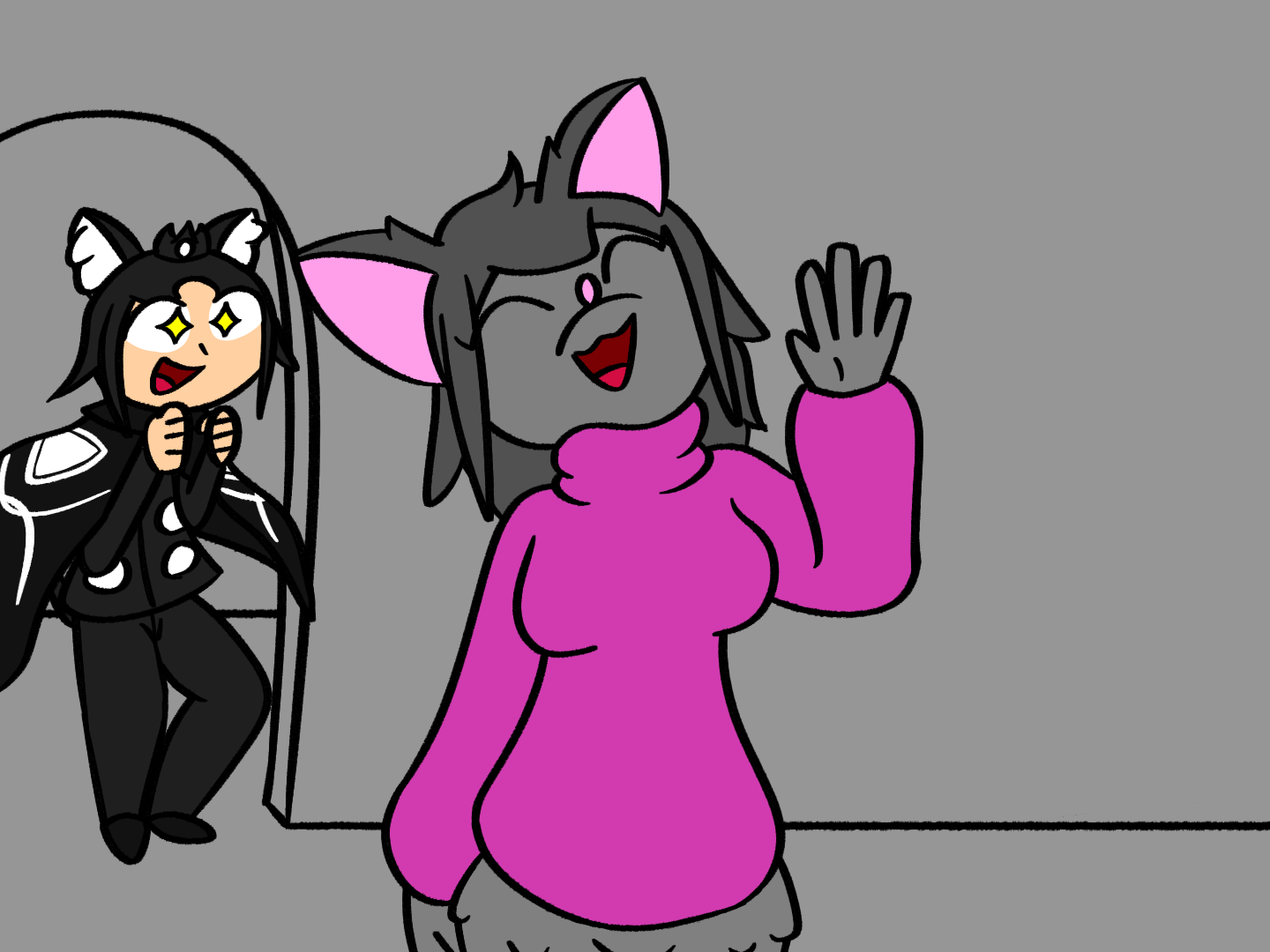 Cyril waving happily while Eclipse watches excitedly.